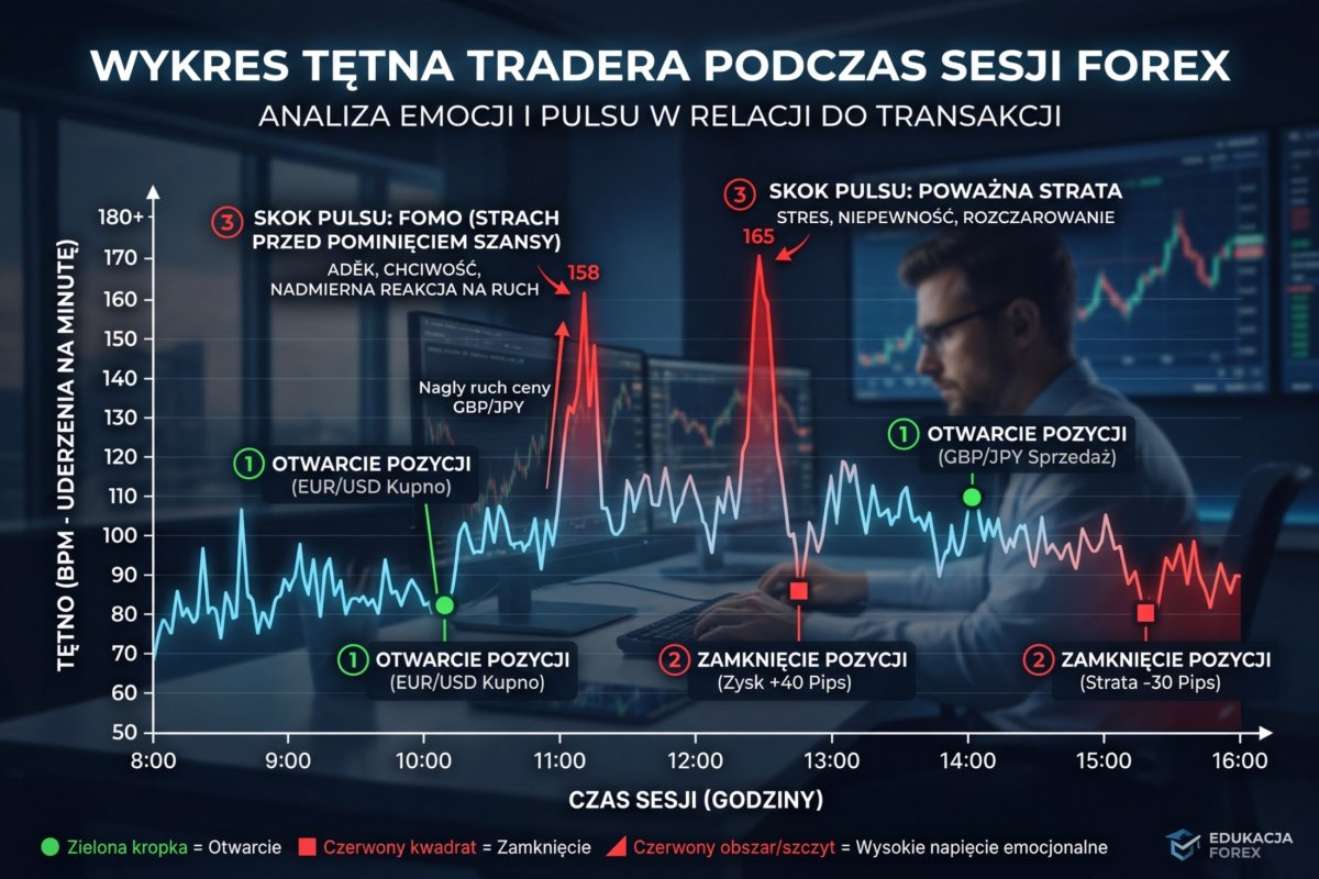 Wykres tętna tradera podczas sesji — zaznaczone momenty otwarcia i zamknięcia pozycji, widoczne skoki pulsu przy stratach i przy FOMO