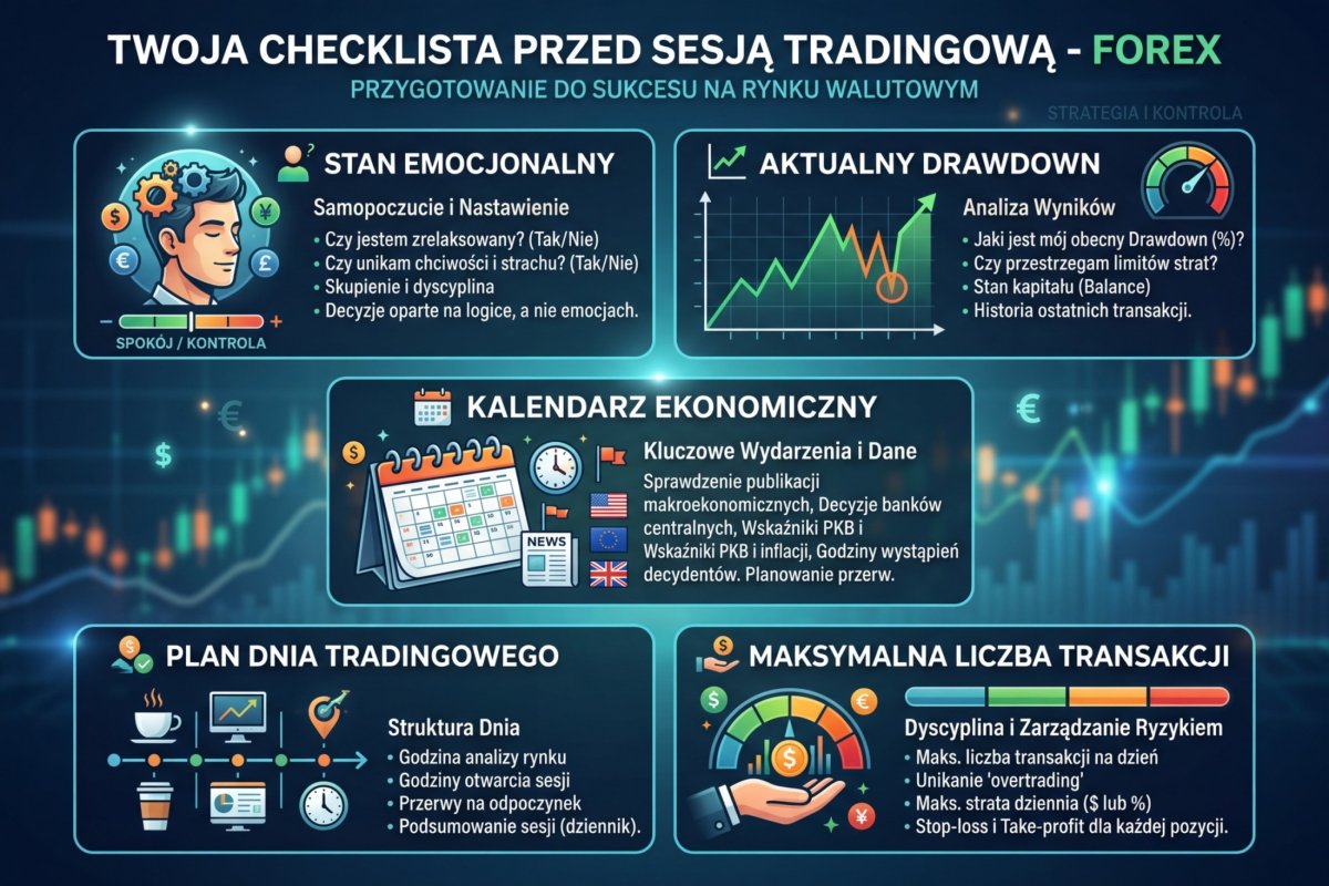 Przykładowa checklista przed sesją tradingową — stan emocjonalny, drawdown, kalendarz, plan dnia, max transakcji