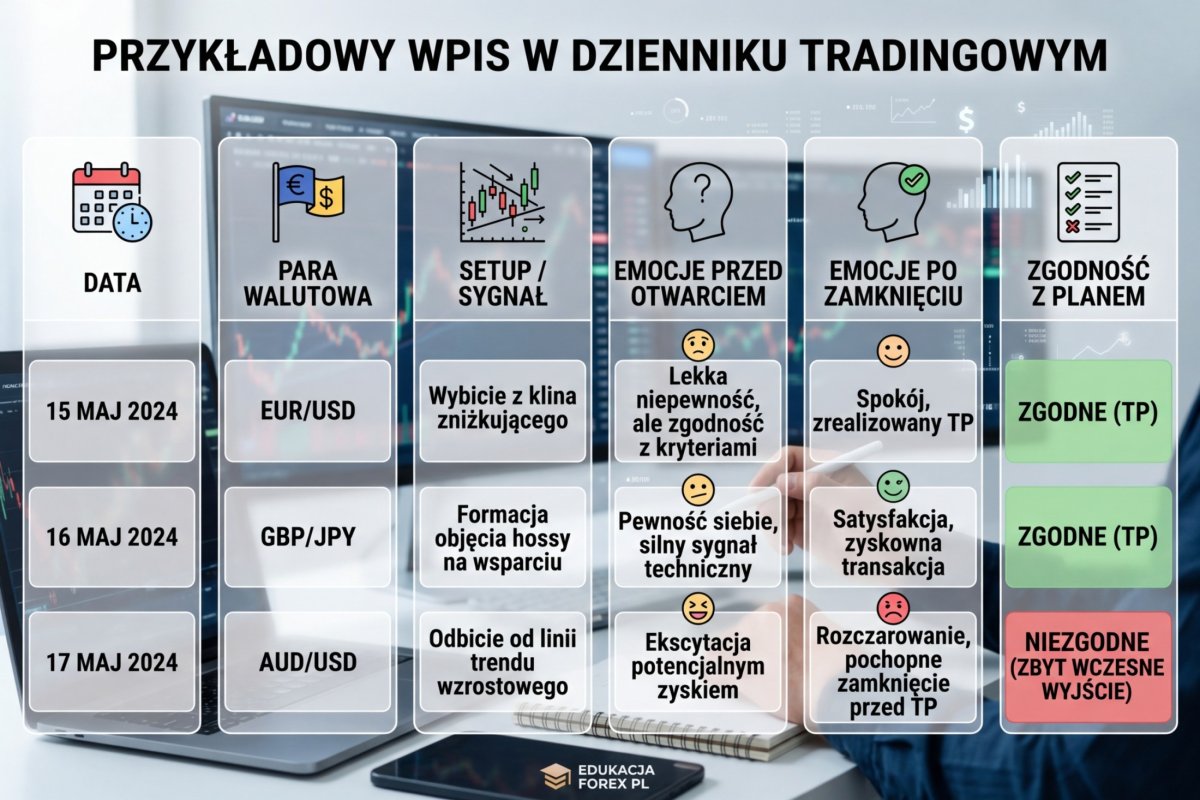Przykładowy wpis w dzienniku tradingowym — kolumny: data, para, setup, emocja przed otwarciem, emocja po zamknięciu, zgodność z planem