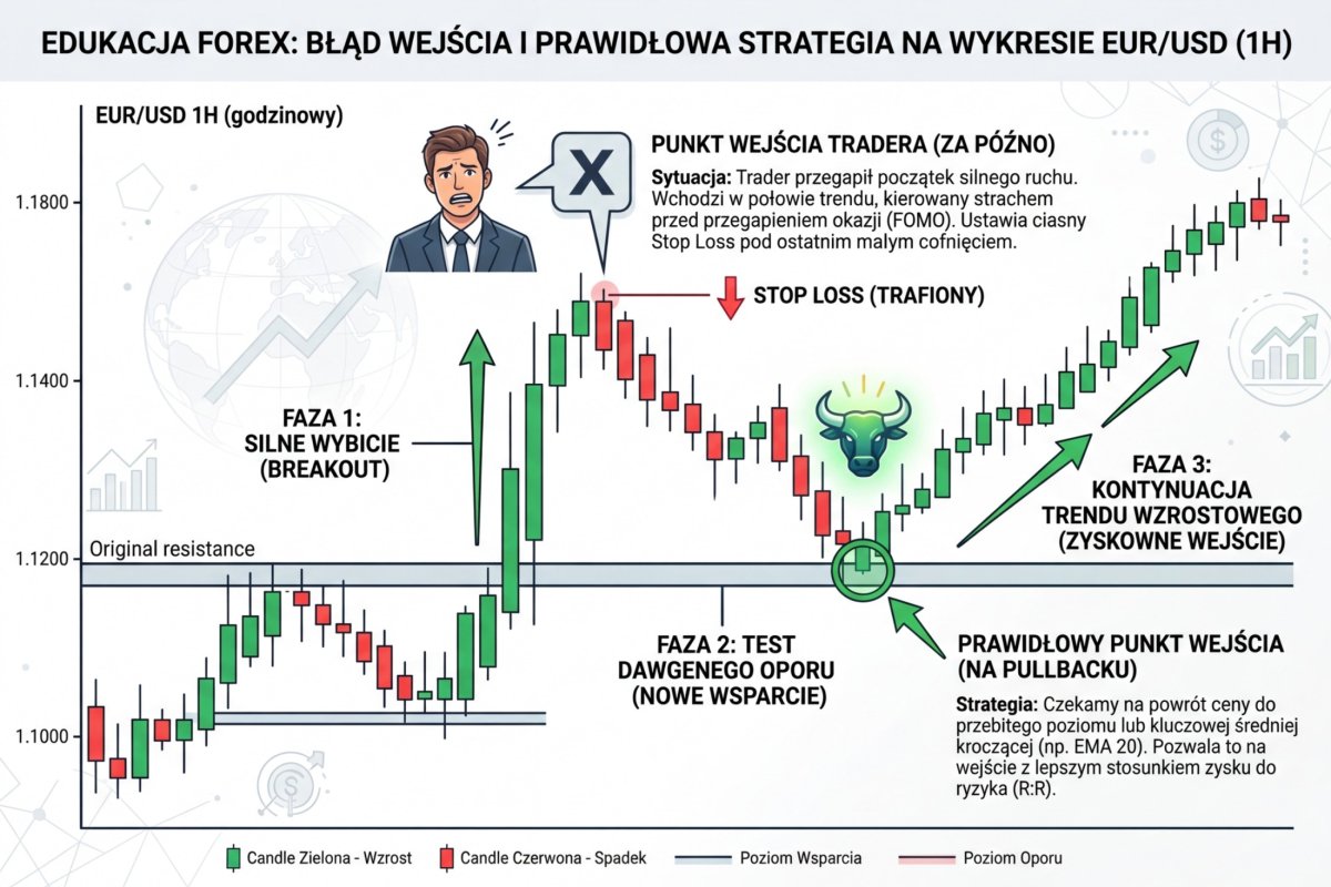 Wykres EUR/USD 1H — trader wchodzi w połowie ruchu po przegapieniu breakoutu, SL zostaje trafiony na cofnięciu; zaznaczone prawidłowe wejście na pullbacku