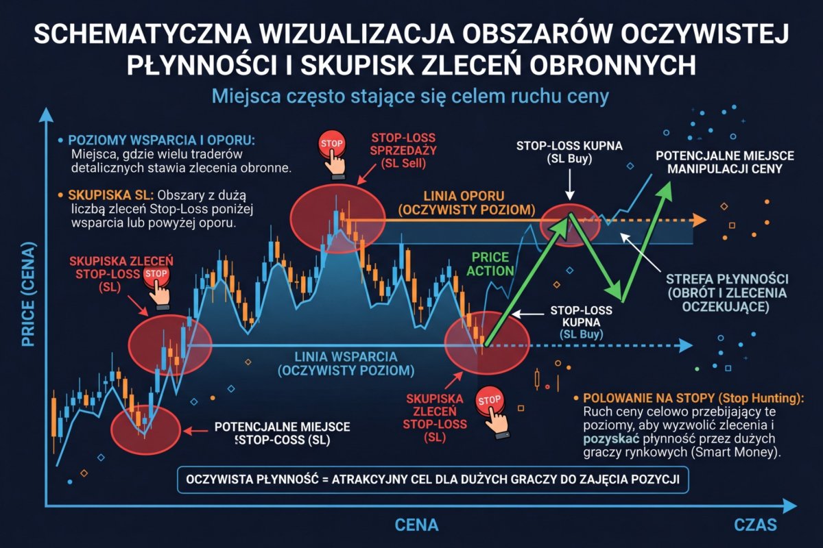 Schematyczna wizualizacja obszarów oczywistej płynności i skupisk zleceń obronnych — miejsca, które często stają się celem ruchu ceny