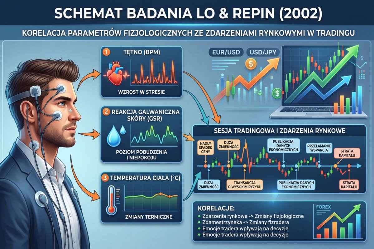 Schemat badania Lo & Repin 2002 — mierzone parametry fizjologiczne (tętno, GSR, temperatura) w korelacji ze zdarzeniami rynkowymi podczas sesji tradingowej