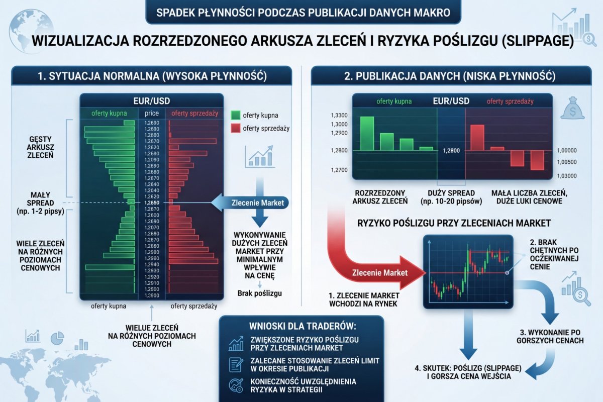 Przykładowa wizualizacja spadku dostępnej płynności podczas publikacji danych makro — rozrzedzony arkusz zleceń zwiększa ryzyko poślizgu przy zleceniach Market