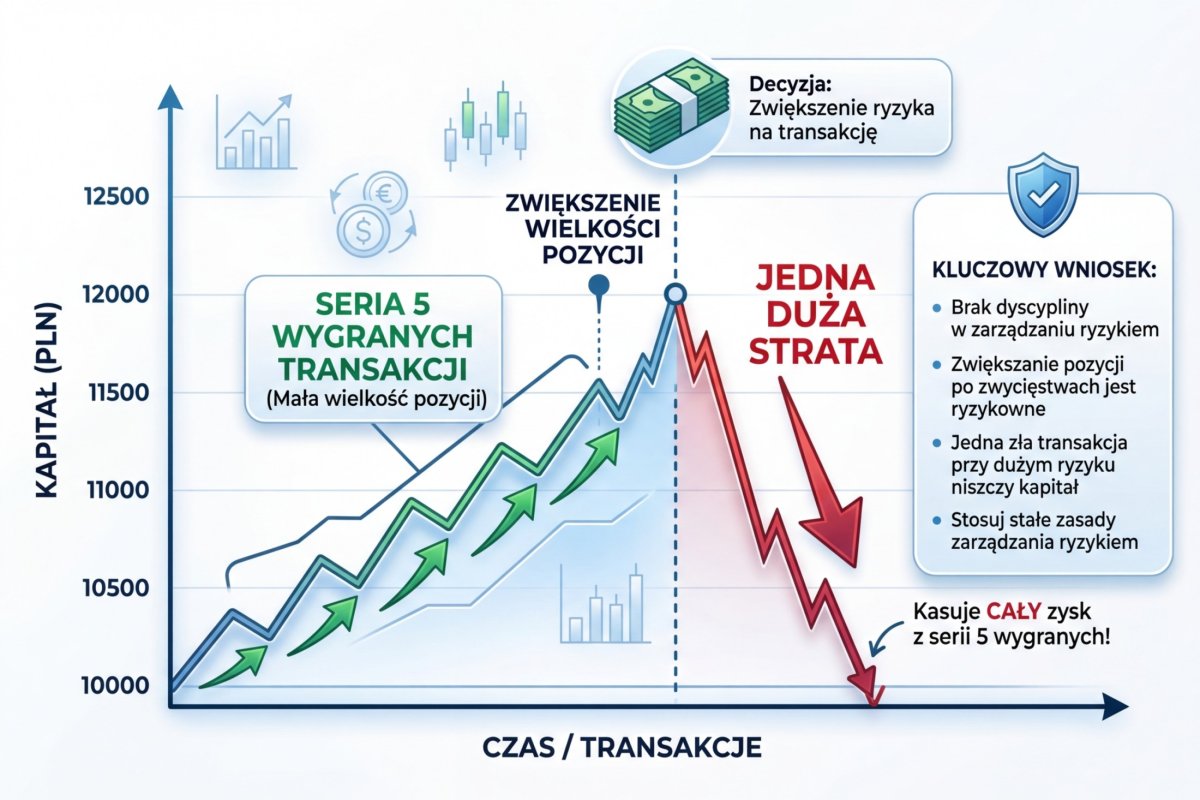 Equity curve z zaznaczoną serią 5 wygranych i następującym po niej zwiększeniem pozycji — jedna duża strata kasuje cały zysk z serii