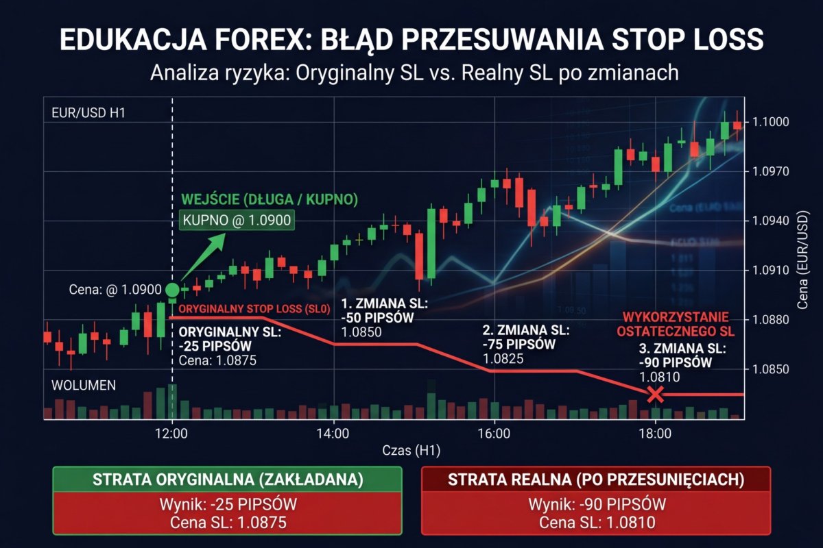 Wykres z zaznaczonymi trzema przesunięciami SL — każde dalej od ceny wejścia; oryginalne -25 pips vs realne -90 pips