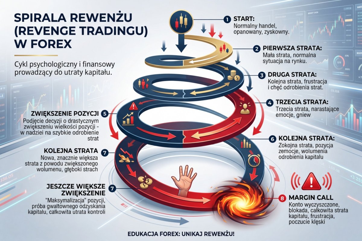 Diagram spirali revenge tradingu — 3 straty, zwiększenie pozycji, kolejna strata, większe zwiększenie, margin call