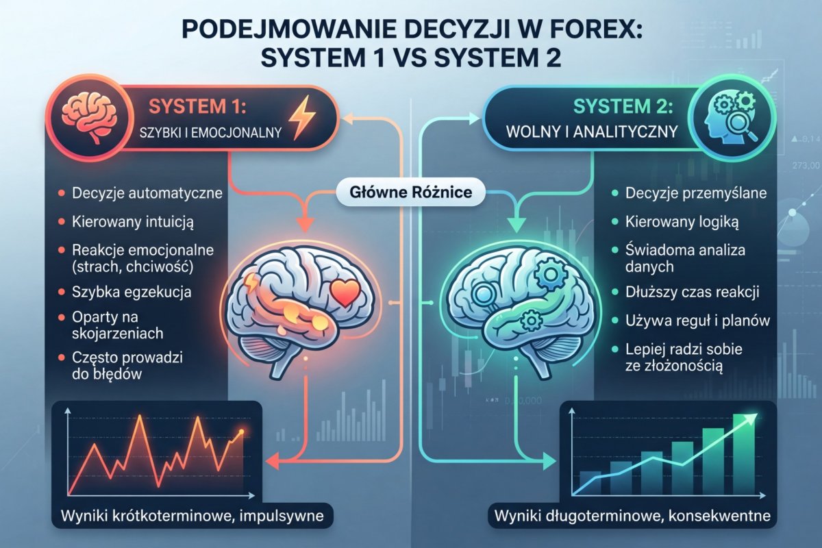 Diagram porównujący System 1 (szybki, emocjonalny, automatyczny) i System 2 (wolny, analityczny, świadomy) w kontekście decyzji tradingowych
