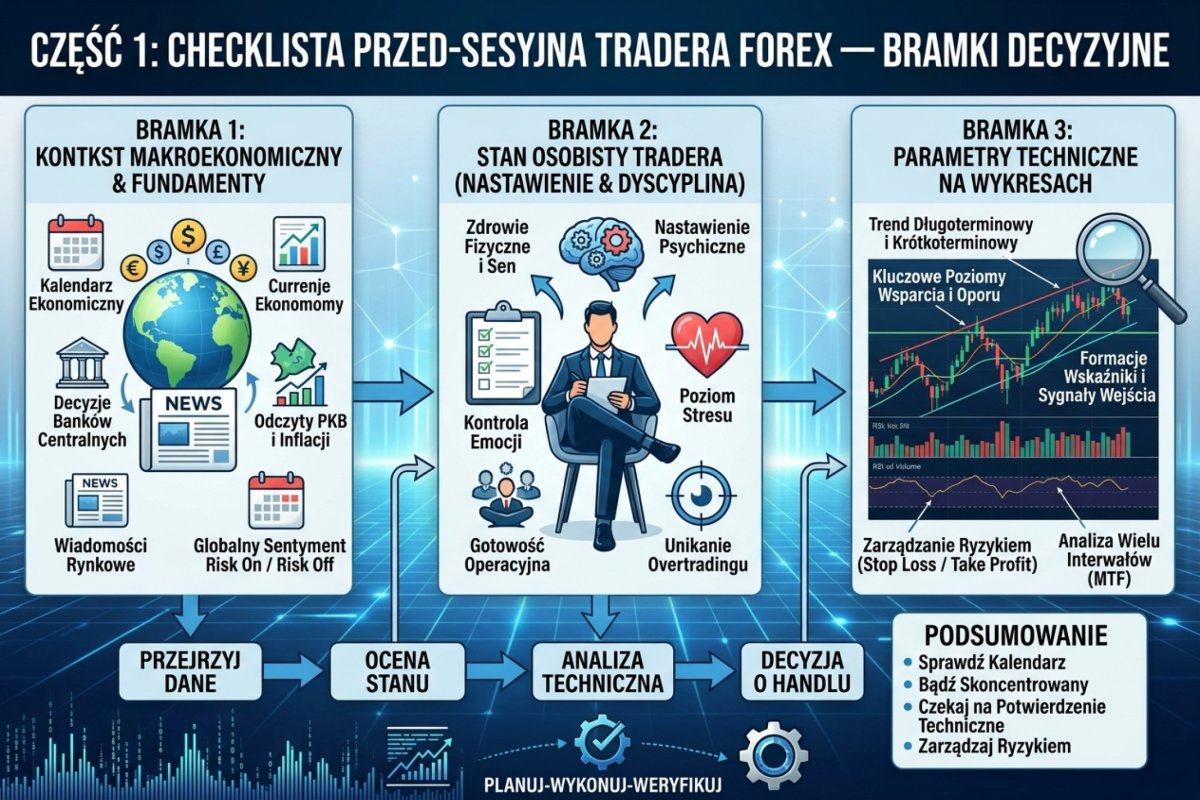 Checklista przed-sesyjna tradera — bramki decyzyjne od makro przez stan osobisty po parametry techniczne