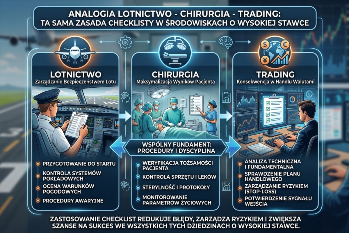 Analogia lotnictwo-chirurgia-trading — te same zasady checklisty w różnych środowiskach o wysokiej stawce