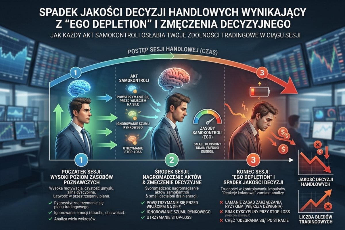 Ego depletion i decision fatigue — schemat spadku jakości decyzji tradera w ciągu sesji po każdym kolejnym akcie samokontroli