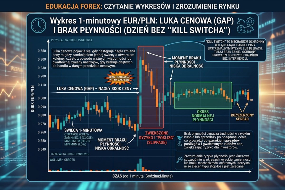 Wykres 1-minutowy EUR/PLN z zaznaczoną luką cenową i momentem braku płynności — ilustracja dnia bez kill switcha