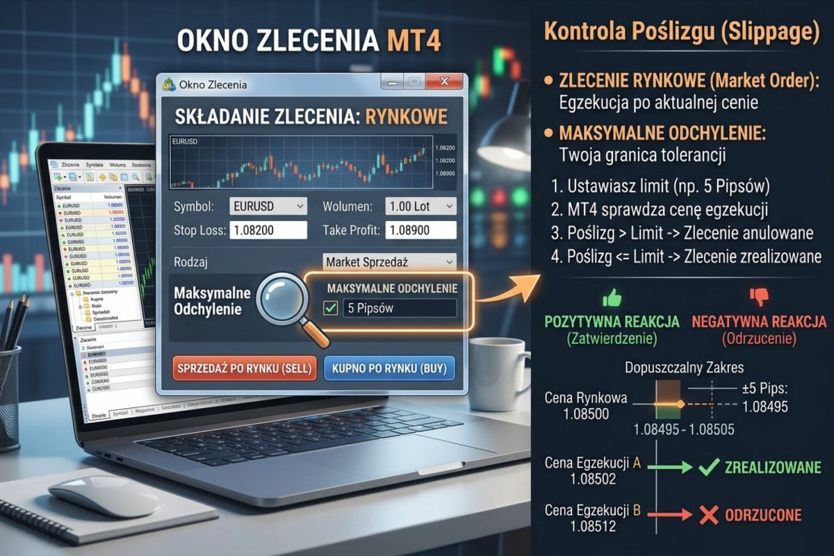 Okno zlecenia MT4 z zaznaczonym parametrem Maximum Deviation — kontrola poślizgu przy wejściu Market