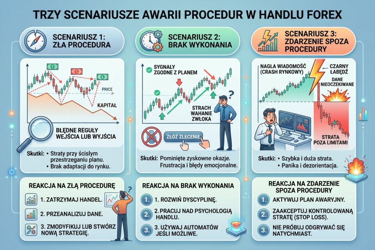 Trzy scenariusze, w których procedura zawodzi — zła procedura, brak wykonania, zdarzenie spoza procedury — i reakcje na każdy