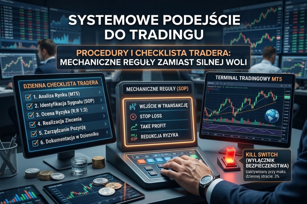 Procedury i checklista tradera — mechaniczne reguły zamiast silnej woli, SOP tradingowy i kill switch na tle kokpitu i terminala MT5