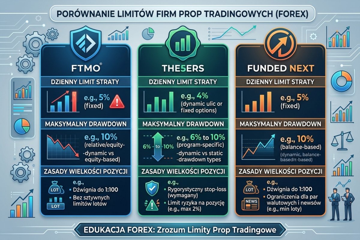 Porównanie limitów prop firm — FTMO, The5ers, Funded Next — daily loss, max drawdown, sizing rules