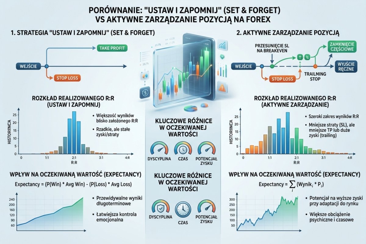 Porównanie set and forget vs aktywne zarządzanie pozycją — rozkłady realizowanego R:R i wpływ na expectancy systemu