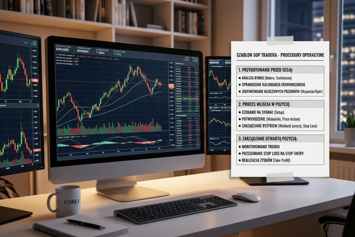 Szablon SOP tradera — dokument 1-2 stron z procedurami na każdą sytuację tradingową, wydrukowany i przyklejony obok monitora