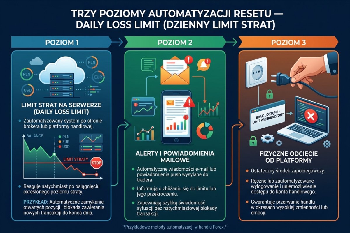 Trzy poziomy automatyzacji resetu — Daily Loss Limit na serwerze, alerty mailowe, fizyczne odcięcie od platformy