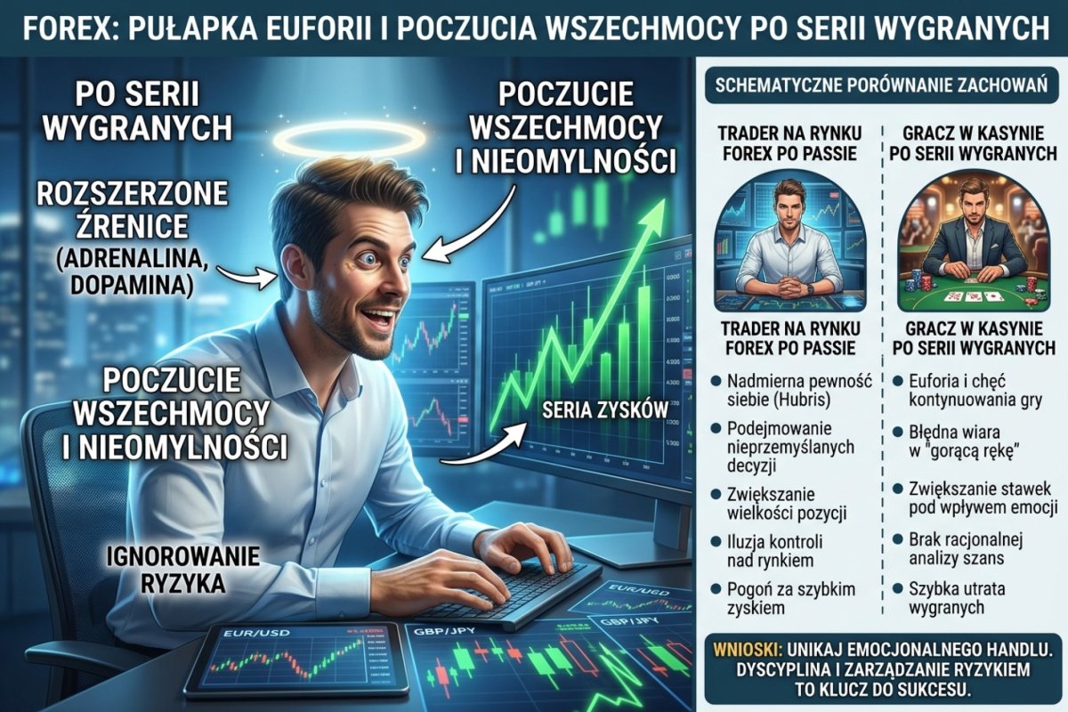Trader po serii wygranych — rozszerzone źrenice, poczucie wszechmocy, schematyczne porównanie z zachowaniem gracza w kasynie po passie