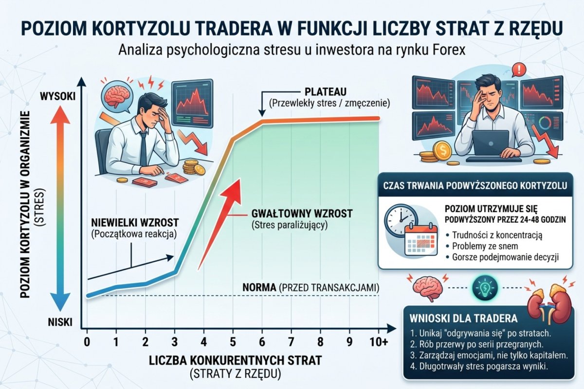 Wykres poziomu kortyzolu tradera w funkcji liczby strat z rzędu — gwałtowny wzrost po 3. stracie, plateau po 5., trwający podwyższony poziom przez 24-48h