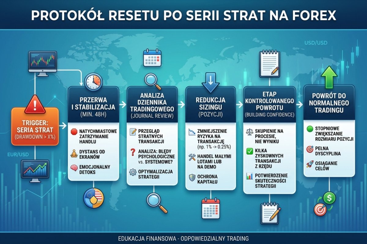 Flowchart protokołu resetu po serii strat — od triggera przez 48h pauzy, journal review, redukcję sizingu do powrotu do normy