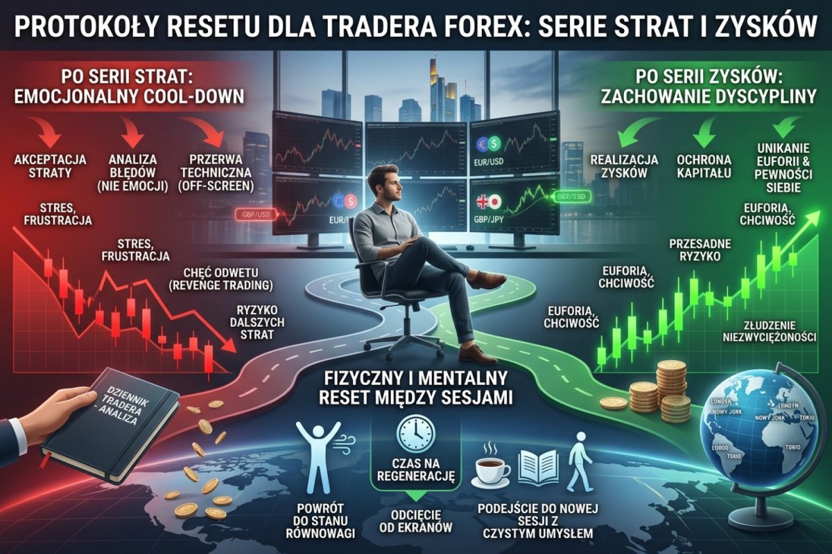 Protokoły resetu po serii strat i po serii zysków — trader przy wyłączonym ekranie, procedura cool-down, fizyczny i mentalny reset między sesjami