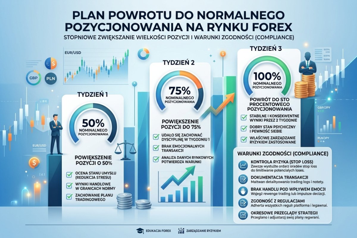 Wykres stopniowego powrotu do normalnego sizingu — 50% w tygodniu 1, 75% w tygodniu 2, 100% w tygodniu 3, z warunkami compliance