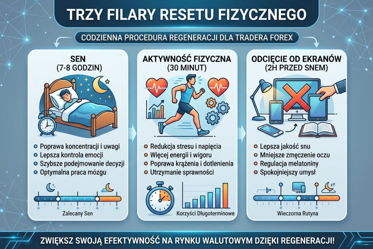 Trzy filary resetu fizycznego — sen 7-8h, aktywność fizyczna 30min, odcięcie od ekranów 2h przed snem — schemat codziennej procedury