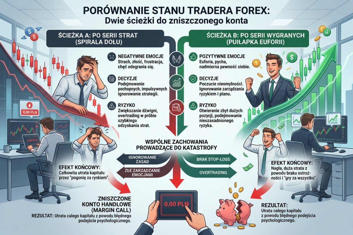 Porównanie stanu tradera po serii strat i po serii wygranych — dwie ścieżki do tego samego wyniku: zniszczonego konta