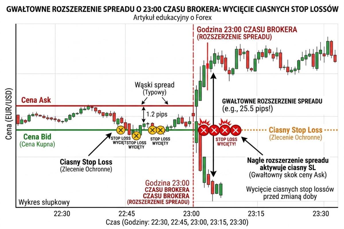 Wykres pokazujący gwałtowne rozszerzenie spreadu o 23:00 czasu brokera, wycinające ciasne stop lossy