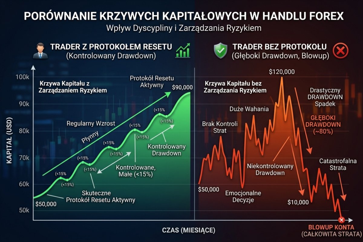 Dwie krzywe kapitałowe — trader z protokołem resetu (płynna, kontrolowany drawdown) vs trader bez protokołu (głęboki drawdown, blowup)