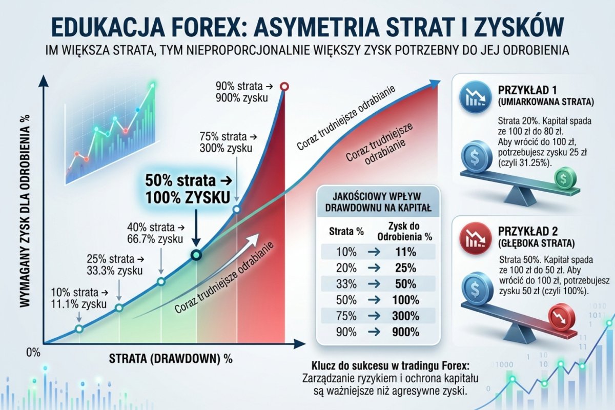 Wykres asymetrii strat i zysków — krzywa pokazująca, że im głębszy drawdown, tym nieproporcjonalnie większy zysk potrzebny do odrobienia