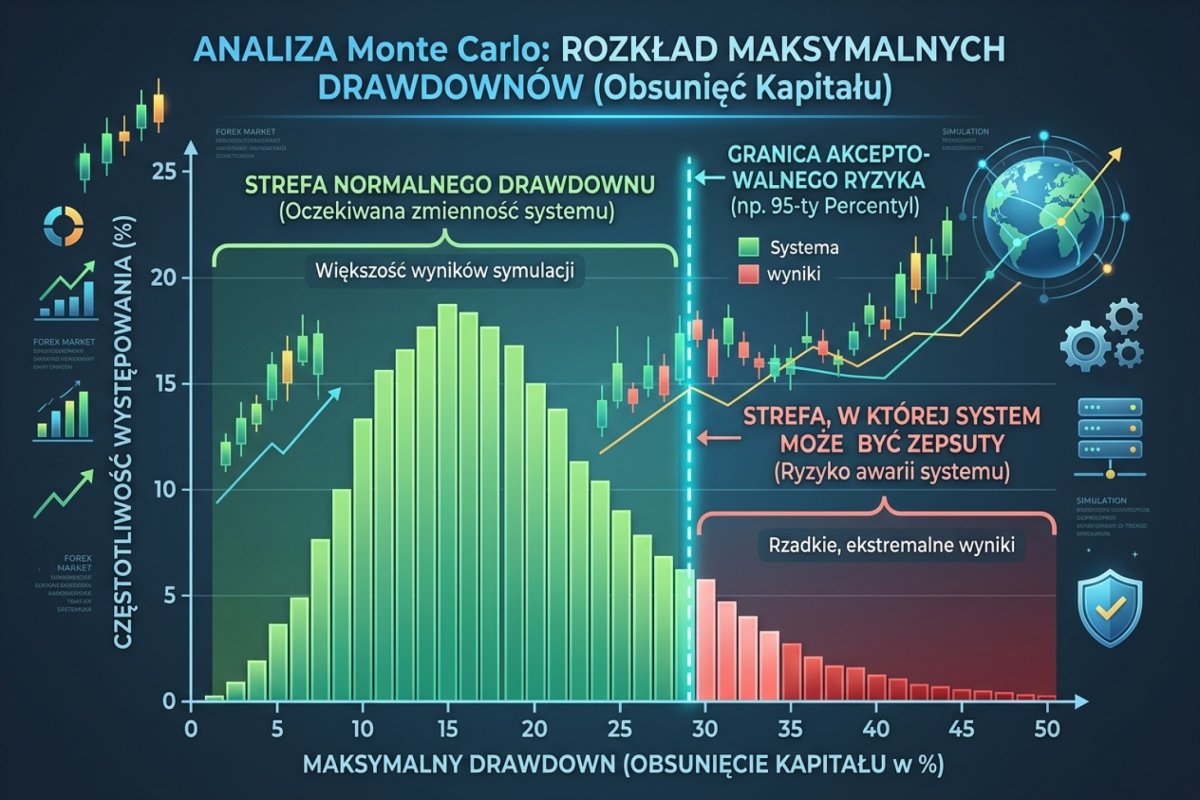 Histogram rozkładu drawdownów z Monte Carlo — zaznaczona strefa normalnego drawdownu i strefa, w której system może być zepsuty