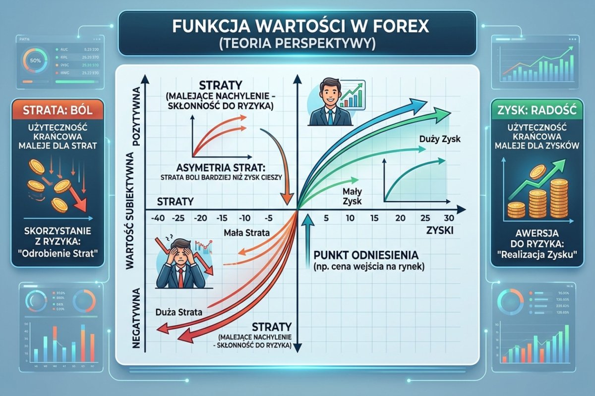 Funkcja wartości z teorii perspektywy Kahnemana i Tversky'ego — asymetryczna krzywa strat vs zysków w kontekście tradingu Forex
