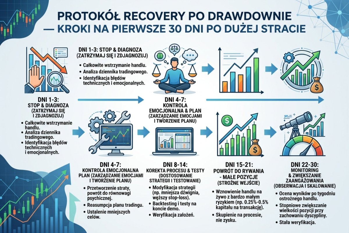 Protokół recovery po drawdownie — infografika z rozpisanymi krokami na pierwsze 30 dni po dużej stracie tradingowej