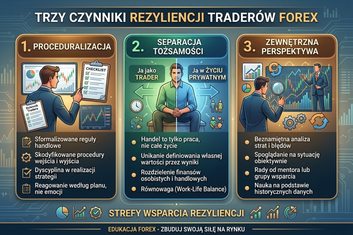 Trzy czynniki resilience traderów — proceduralizacja, separacja tożsamości i zewnętrzna perspektywa, infografika