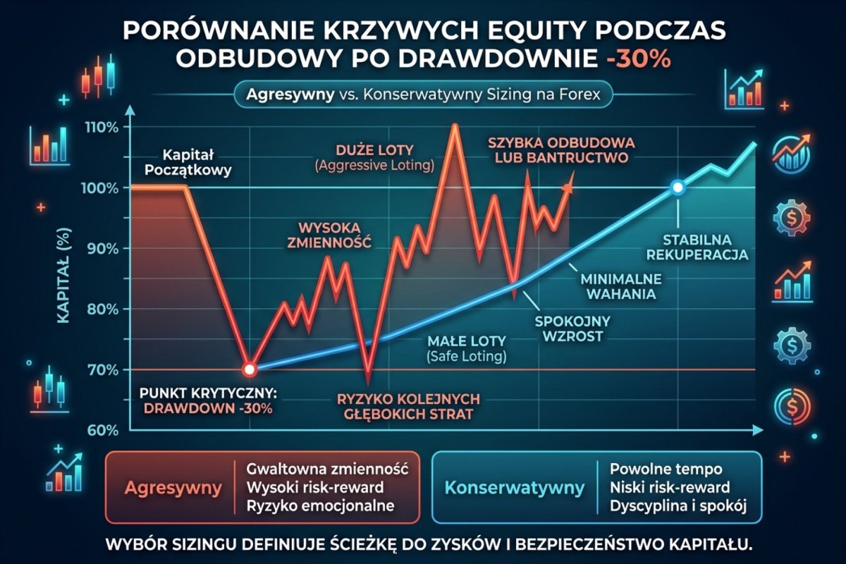 Porównanie krzywych equity przy agresywnym vs konserwatywnym sizingu w trakcie odbudowy po drawdownie -30%