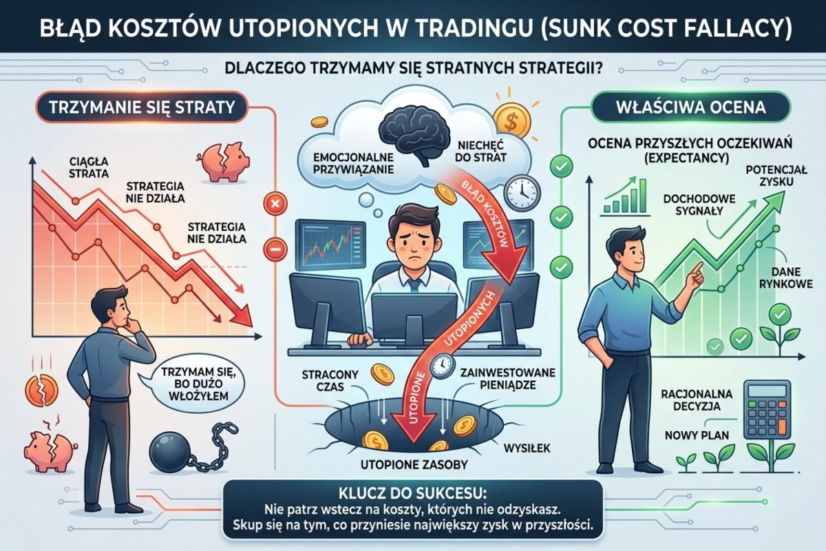 Sunk cost fallacy w tradingu — trader trzyma się stratnej strategii, bo zainwestował czas i pieniądze, zamiast ocenić przyszłą expectancy