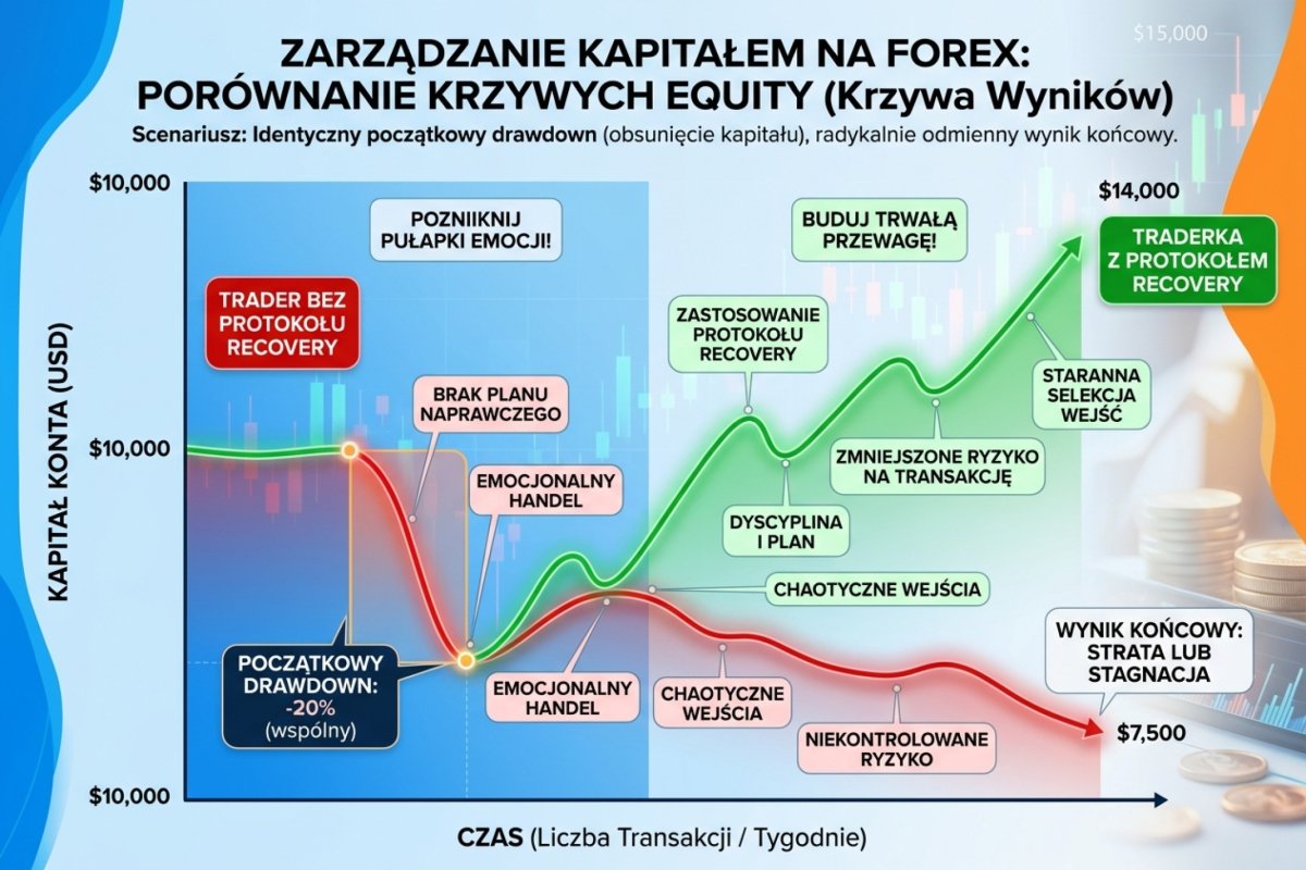 Porównanie dwóch krzywych equity — trader bez protokołu recovery vs traderka z protokołem. Identyczny początkowy drawdown, diametralnie różny wynik końcowy