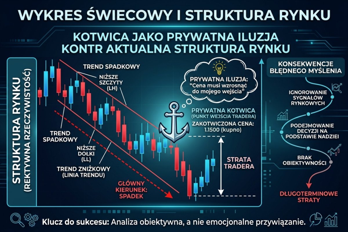 Wykres świecowy z zaznaczoną ceną wejścia tradera kontra aktualna struktura rynku — kotwica jako prywatna iluzja