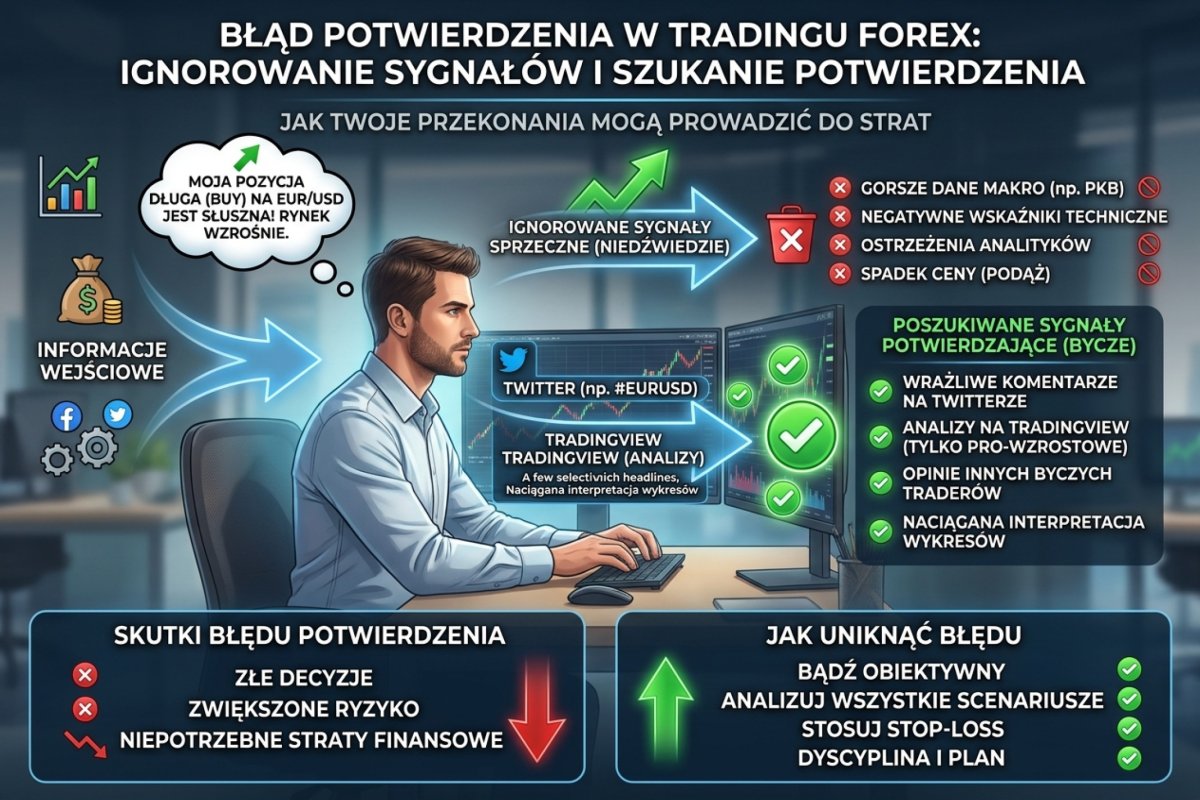 Confirmation bias w tradingu — trader ignoruje sygnały sprzeczne z otwartą pozycją i szuka potwierdzenia na Twitterze i TradingView