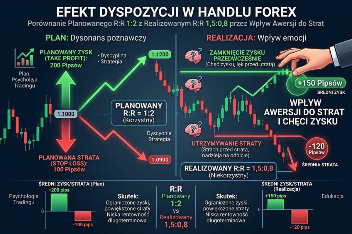 Efekt dyspozycji — porównanie planowanego R:R 1:2 z realizowanym R:R 1,5:0,8 przez wpływ awersji do strat na egzekucję