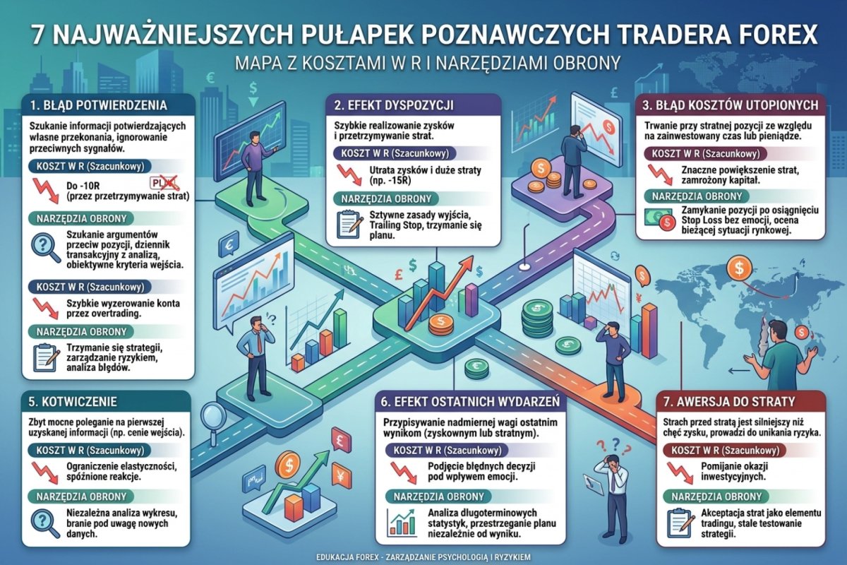 Infografika — mapa 7 najważniejszych pułapek poznawczych tradera z kosztami w R i narzędziami obrony