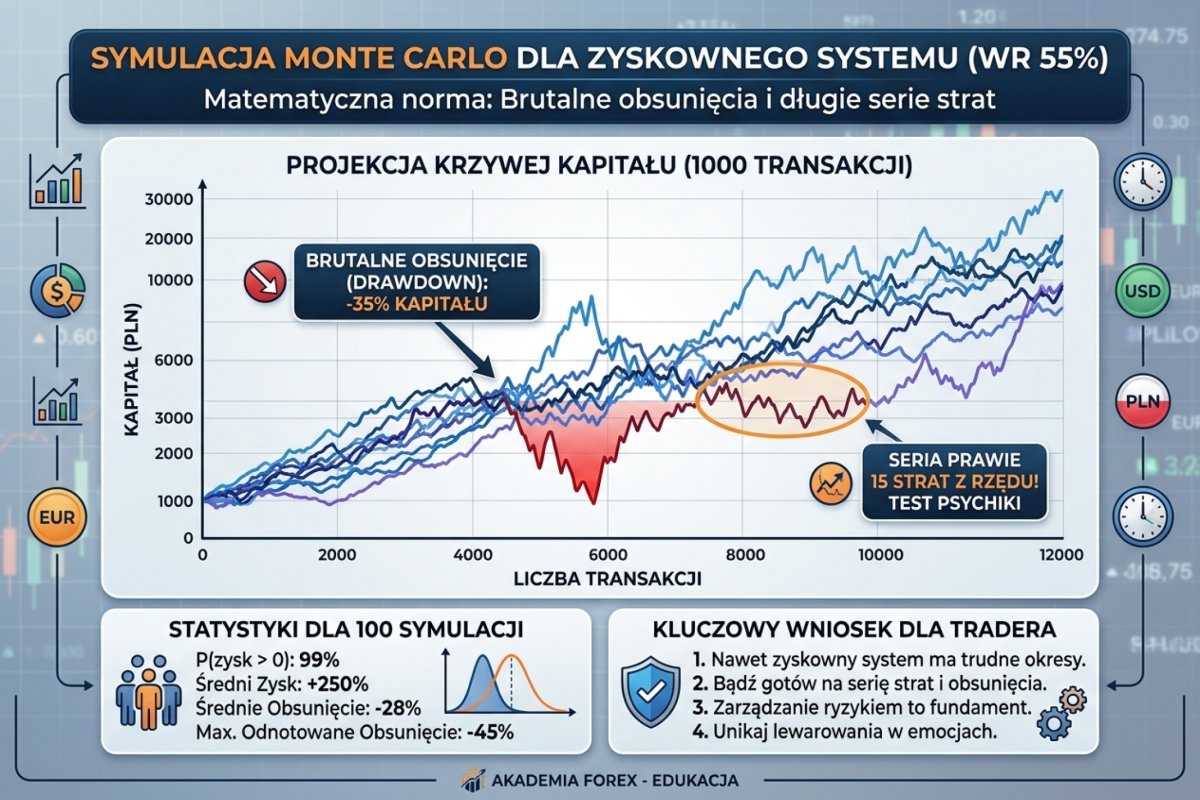 Symulacja Monte Carlo dla zyskownego systemu (WR 55%) — matematyczną normą są brutalne obsunięcia kapitału i serie kilkunastu strat z rzędu