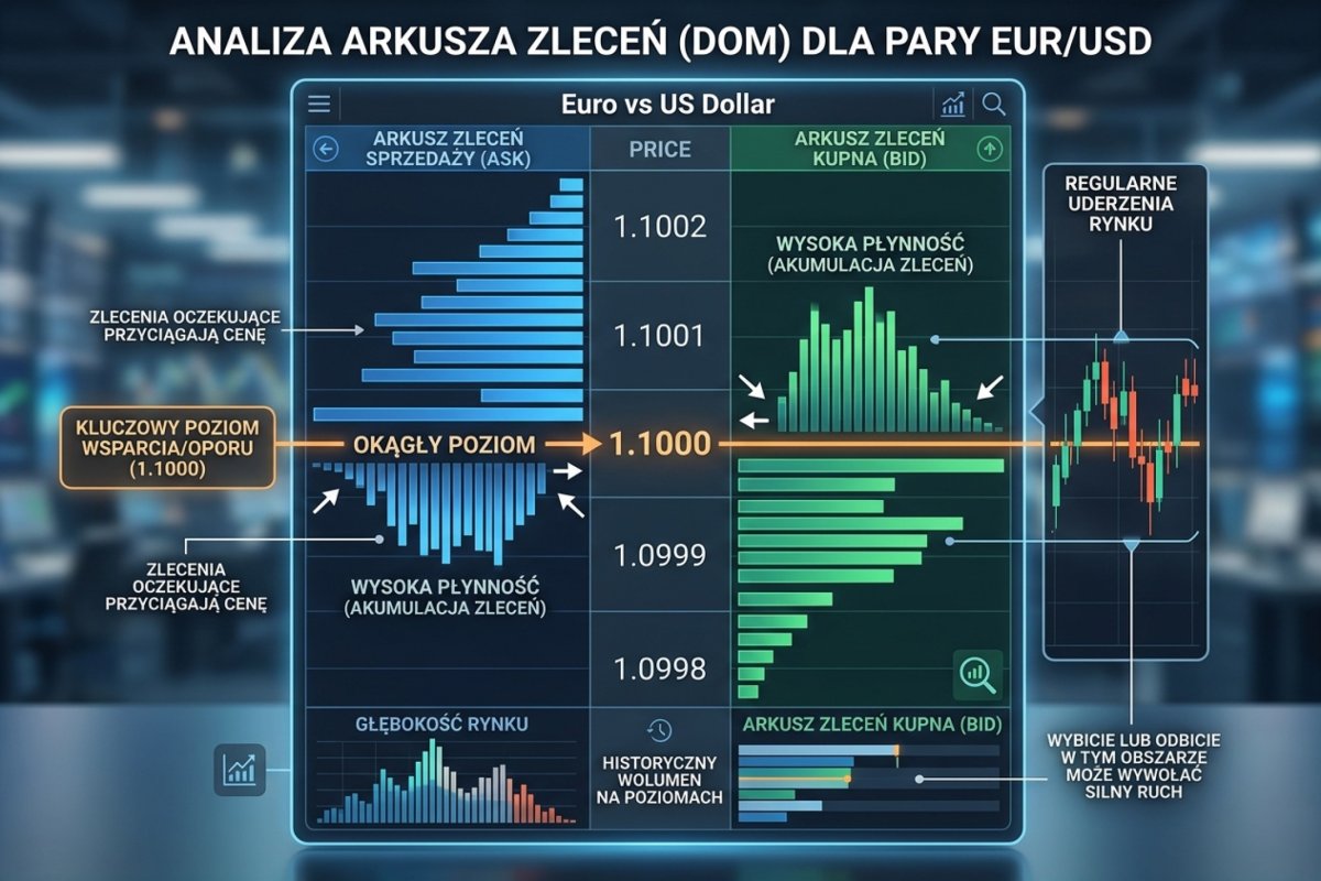 Arkusz zleceń (DOM) pokazujący akumulację płynności wokół okrągłego poziomu 1.1000 — obszar, w który rynek regularnie uderza