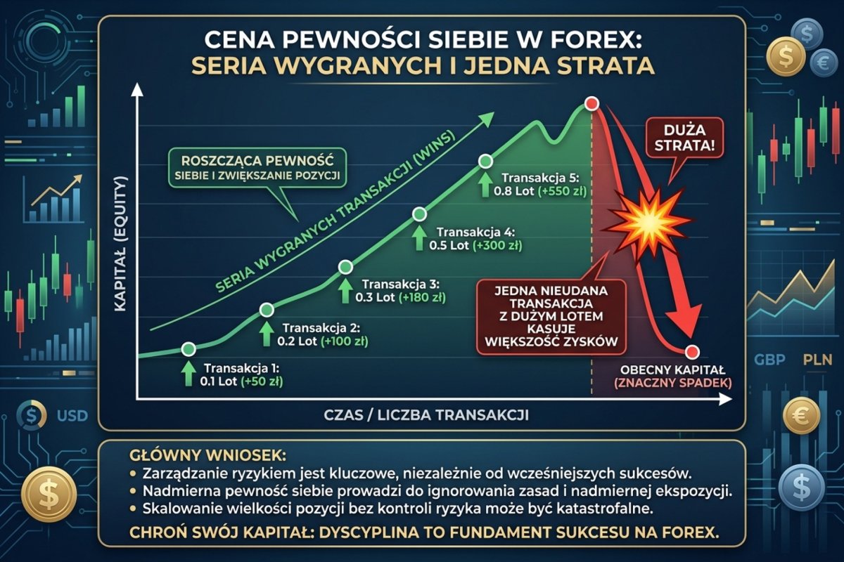 Seria wygranych z rosnącym lotem i jedna strata kasująca większość zysków — wykres equity pokazujący cenę overconfidence