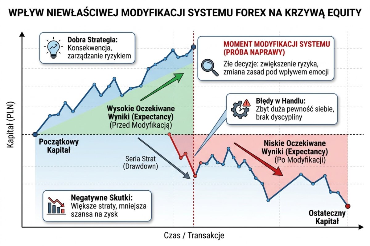 Krzywa equity z zaznaczonym momentem modyfikacji systemu po serii strat — spadek expectancy po „naprawie"