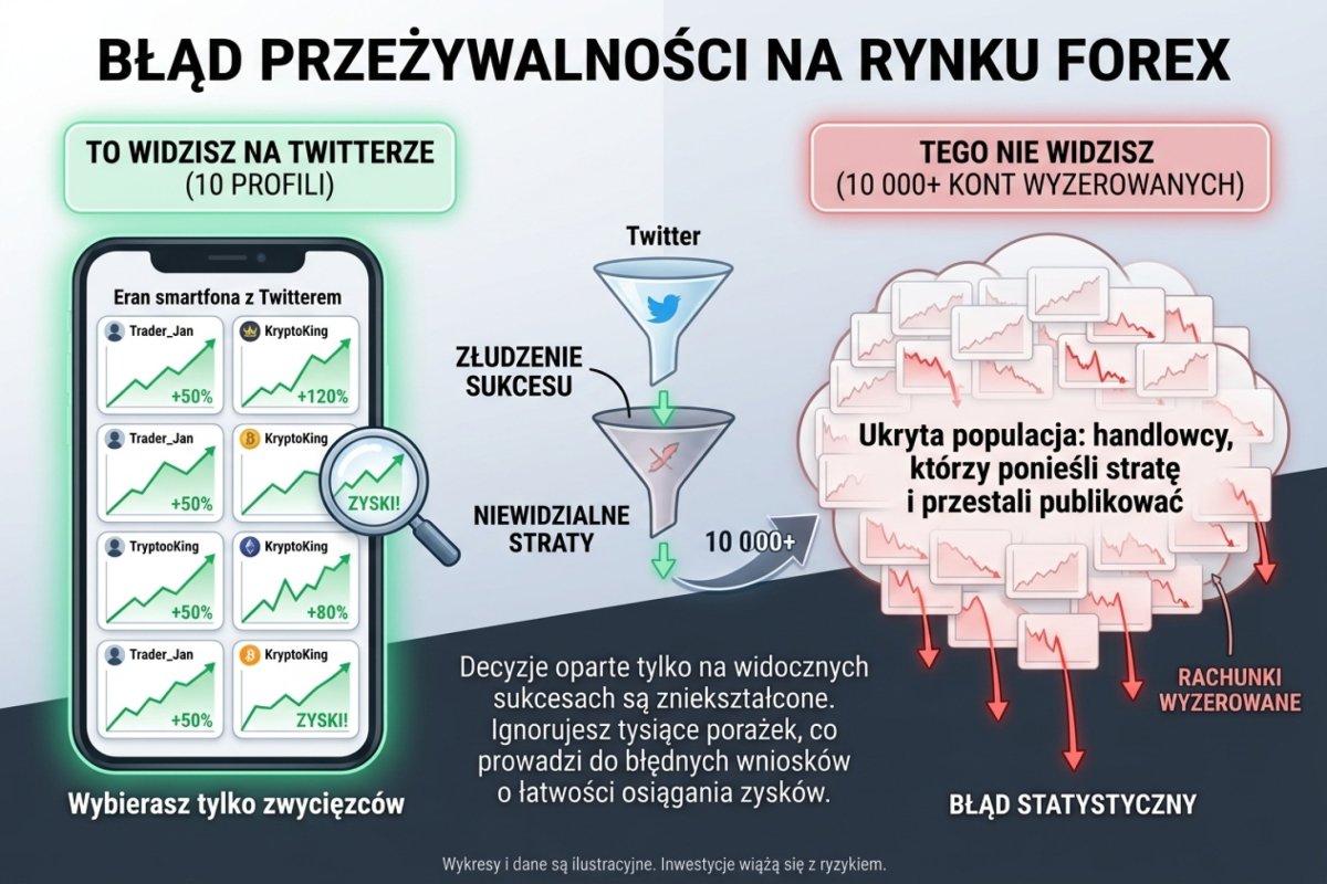 Survivorship bias — na Twitterze widzisz 10 equity curve w górę, nie widzisz 10 000 wyzerowanych rachunków, które nigdy nie zostały opublikowane
