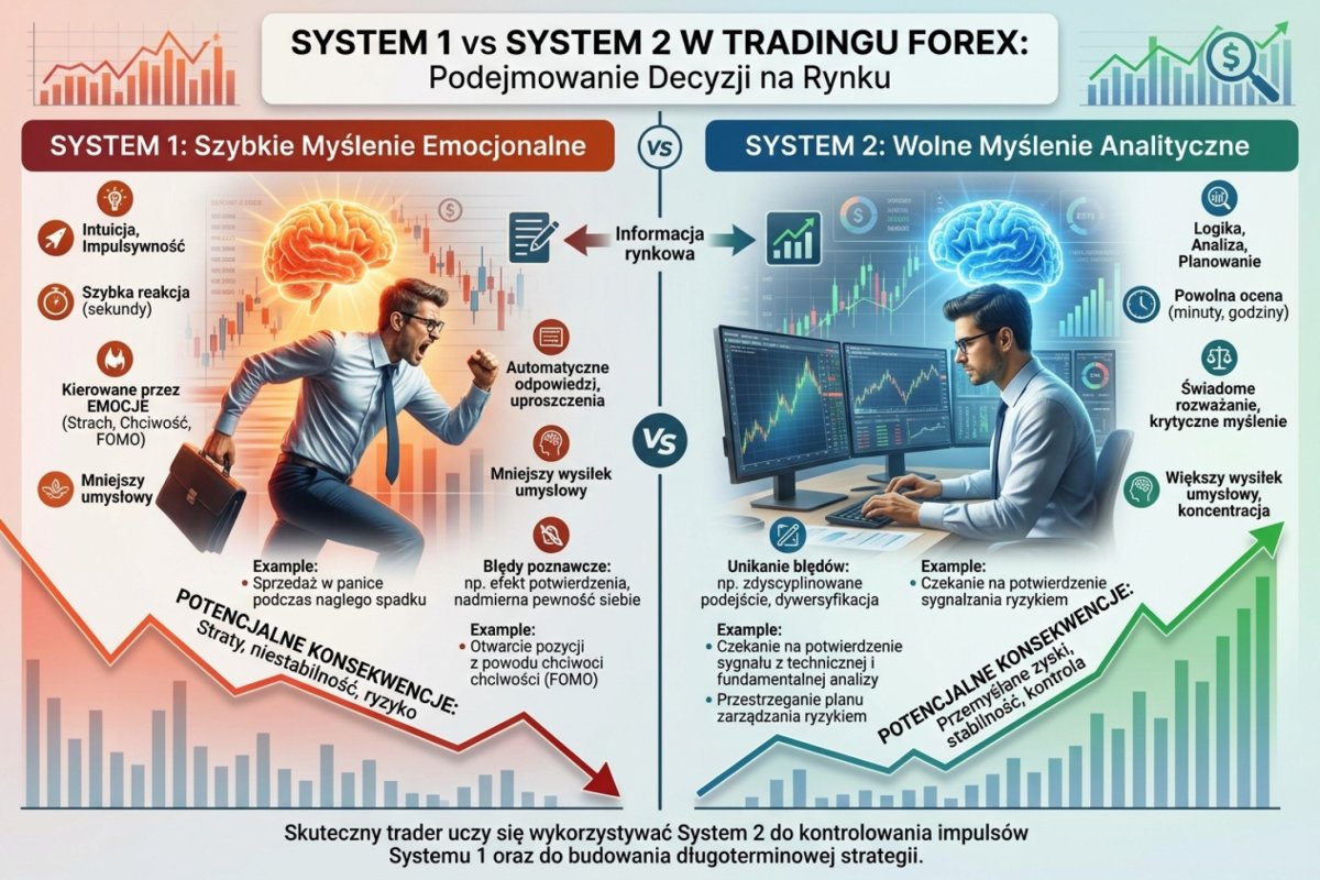 System 1 vs System 2 w tradingu — schemat szybkiego myślenia emocjonalnego kontra wolnego analitycznego przy podejmowaniu decyzji na rynku Forex