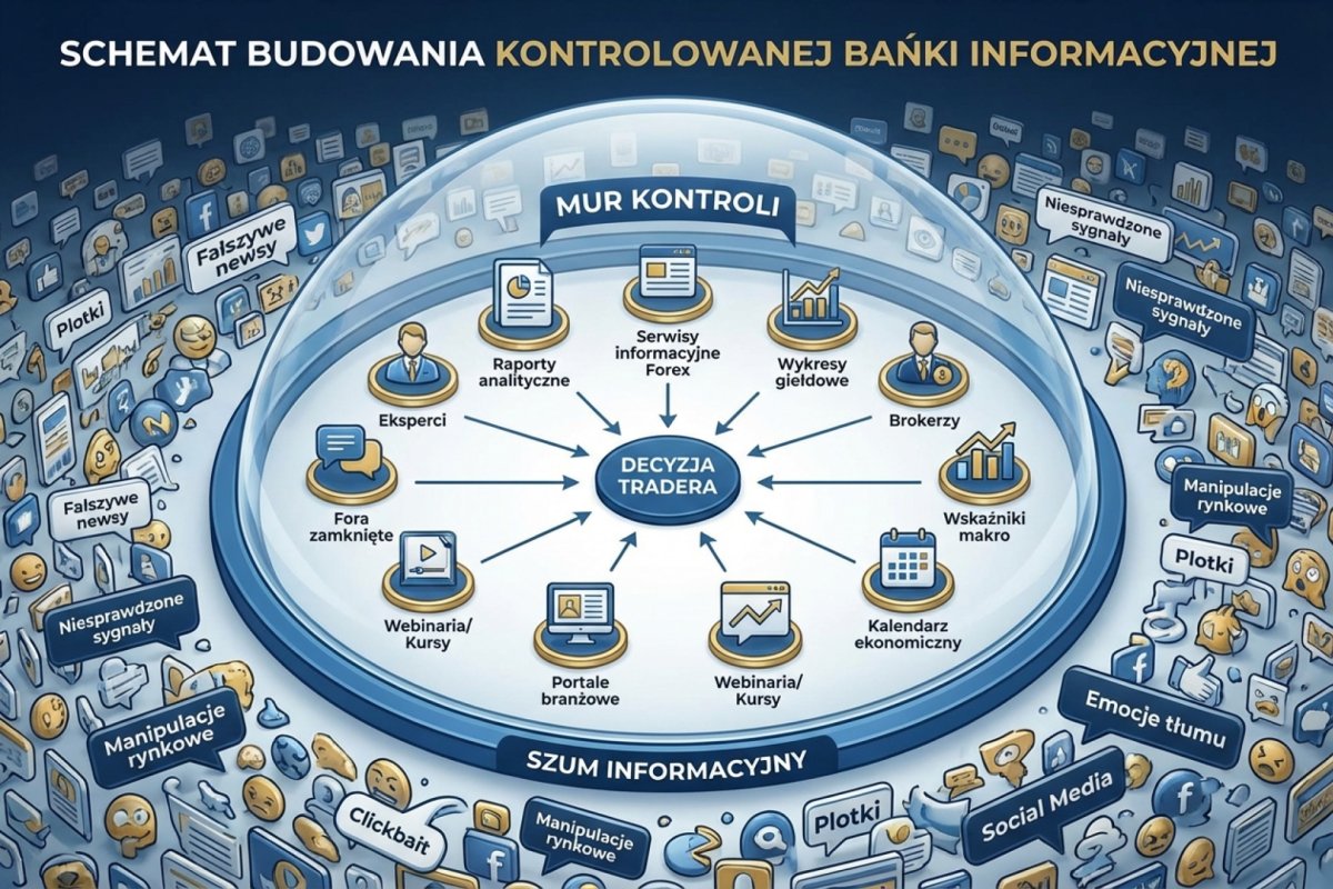 Schemat budowania kontrolowanej bańki informacyjnej — 10 źródeł otoczonych murem, na zewnątrz setki źródeł szumu